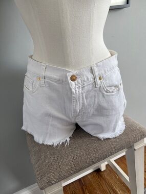 7 For All Mankind White Frayed Hem Denim Shorts with Gold Hardware
